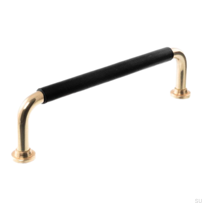 Tirador para mueble alargado LS 1353 96 Latón pulido con cuero negro