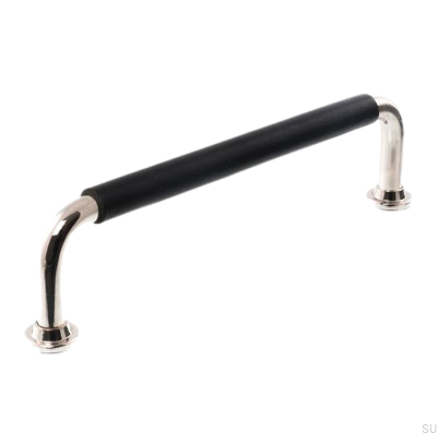 Tirador para mueble alargado LS 1353 96 Níquel pulido con cuero negro