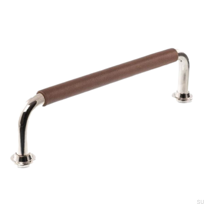 Tirador para mueble alargado LS 1353 96 Níquel pulido con cuero marrón