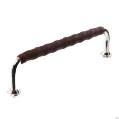 Tirador para mueble alargado LL 1353 96 Níquel pulido con cuero marrón oscuro