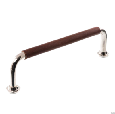 Tirador para mueble alargado LS 1353 96 Níquel pulido con cuero marrón oscuro