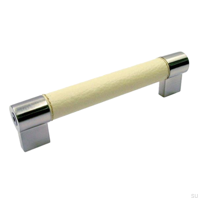 Tirador para mueble largo 1700128 Níquel cepillado con cuero blanco