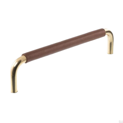 Tirador para mueble alargado LS 7353 128 Oro pulido con cuero marrón