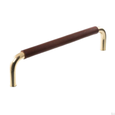 Tirador para mueble alargado LL 7353 96 Oro pulido con cuero marrón oscuro