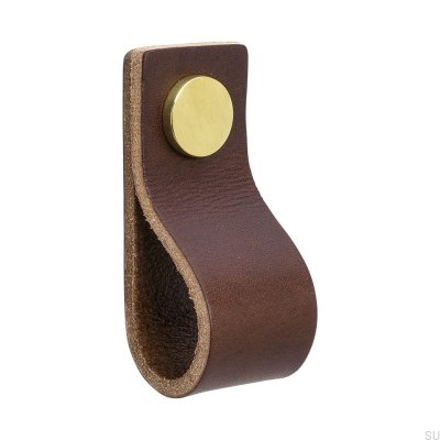 Pomo para mueble Loop 65, cuero marrón y dorado