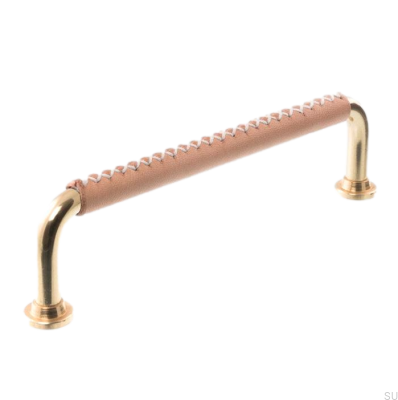 Tirador para mueble alargado 1353 128 Latón pulido con cuero