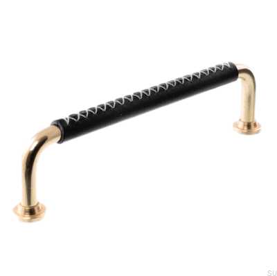 Tirador para mueble alargado LX 1353 128 Latón pulido con cuero negro