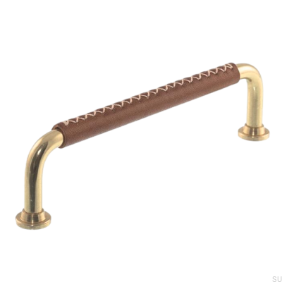 Tirador para mueble alargado 0131LX 1353 128 Latón pulido con cuero marrón