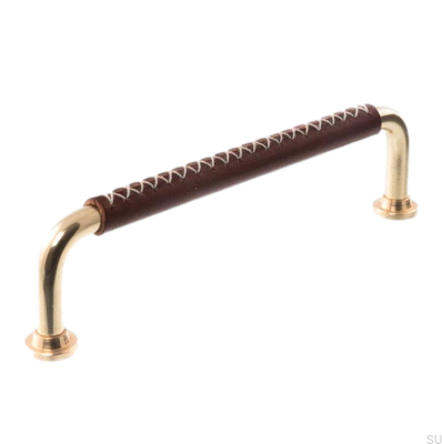 Tirador para mueble alargado 0132LX 1353 128 Latón pulido con cuero marrón