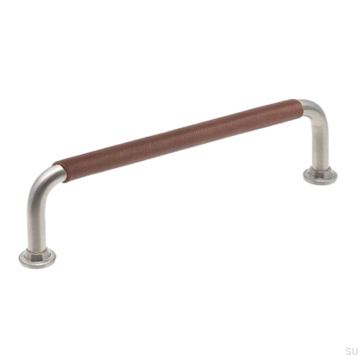 Tirador para mueble alargado LS 1353 128 Níquel cepillado con cuero marrón