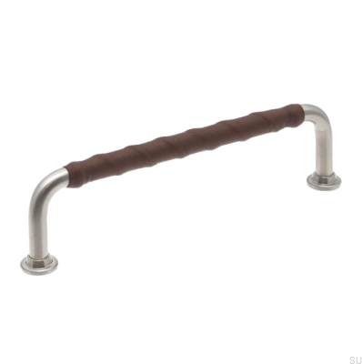 Tirador para mueble alargado LL 1353 128 Níquel cepillado con cuero marrón oscuro