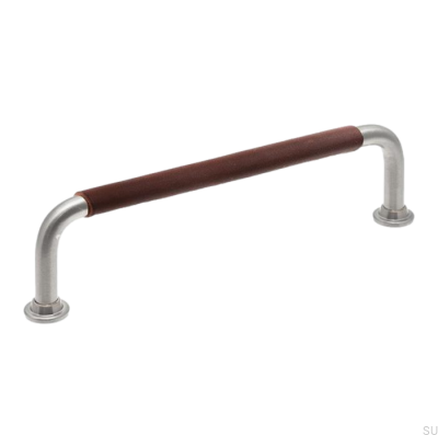 Tirador para mueble alargado LS 1353 128 Níquel cepillado con cuero marrón oscuro
