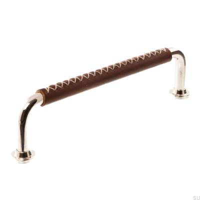 Tirador para mueble alargado 1131LX 1353128 Níquel pulido con cuero marrón