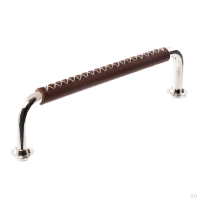 Tirador para mueble alargado 1132LX 1353128 Níquel pulido con cuero marrón