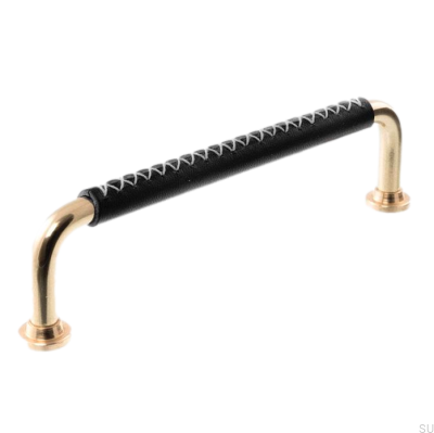 Tirador para mueble alargado LX 1353 96 Latón pulido con cuero negro