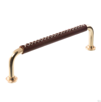 Tirador para mueble alargado LX 1353 96 Latón pulido con cuero marrón oscuro