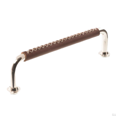 Tirador para mueble alargado LX 1353 96 Níquel pulido con cuero marrón