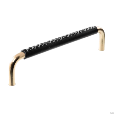 Tirador alargado para mueble 7353 128 Latón pulido con cuero negro