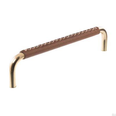 Tirador para mueble alargado 7353 128 Latón pulido con cuero marrón