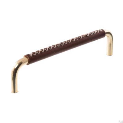 Tirador para mueble alargado 7353128 Latón pulido con cuero marrón oscuro