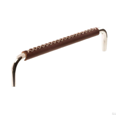 Tirador para mueble alargado LX 7353 128 Níquel pulido con cuero marrón