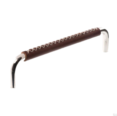 Tirador para mueble alargado LX 7353 128 Níquel pulido con cuero marrón oscuro