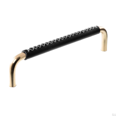 Tirador para mueble alargado 7353 96 Latón pulido con cuero negro