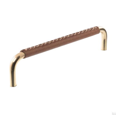 Tirador para mueble alargado 7353 96 Latón pulido con cuero marrón