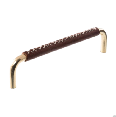 Tirador para mueble alargado 7353 96 Latón pulido con cuero marrón oscuro