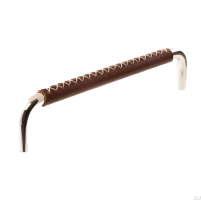 Tirador para mueble alargado LX 7353 96 Níquel pulido con cuero marrón