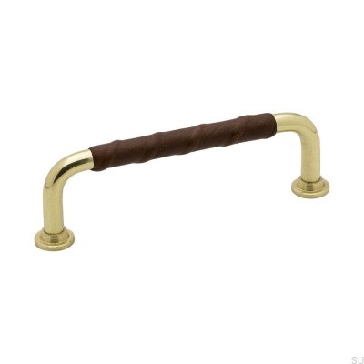 Tirador para mueble alargado 1353 96 Oro Latón Marrón Pulido cuero natural