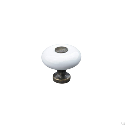 Pomo para mueble Tods 30, porcelana blanca con metal oxidado