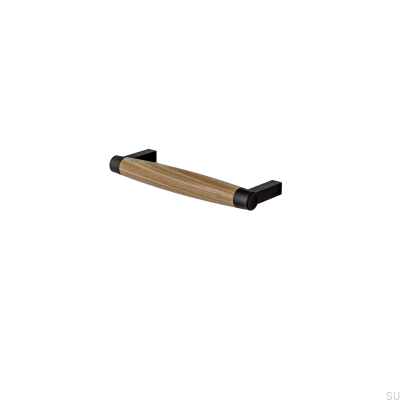 Tirador para mueble rectangular Hjo 128, metal negro mate con madera de roble