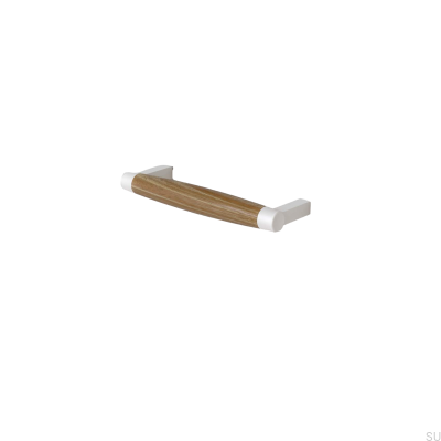 Tirador para mueble rectangular Hjo 128, metal blanco mate con madera de roble
