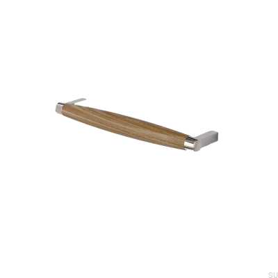 Tirador para mueble rectangular Hjo 192, cromo pulido con madera de roble