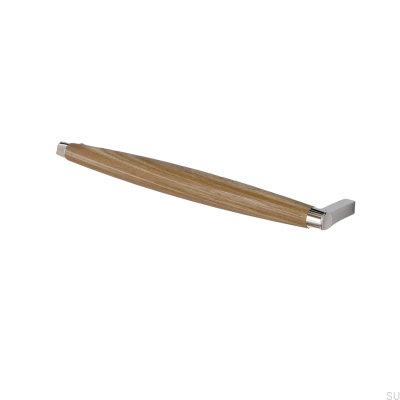 Tirador para mueble rectangular Hjo 256, cromo pulido con madera de roble