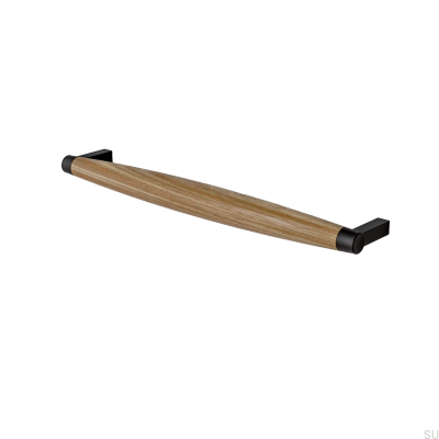 Tirador para mueble rectangular Hjo 256, metal negro mate con madera de roble
