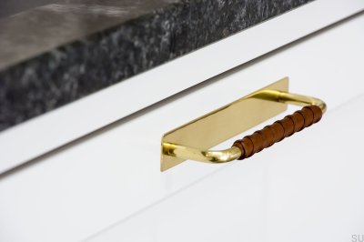 Tirador alargado para mueble con almohadilla Royal Deluxe 128 Brass Brown Leather