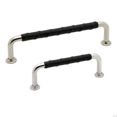 Tirador para mueble alargado 1353128 Plata níquel pulido Cuero natural negro