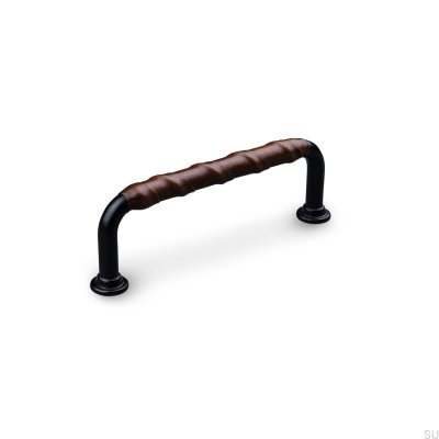Tirador para mueble rectangular Burano Wrapped 96, metal, negro con cuero marrón