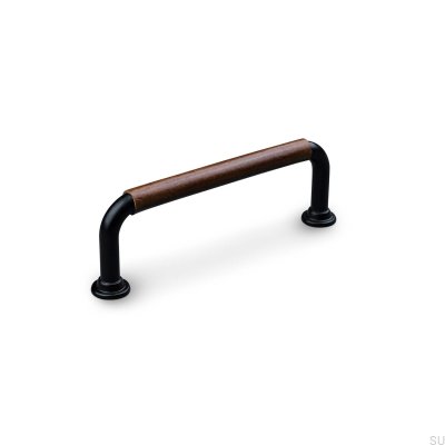  Tirador para mueble alargado Burano Swept 96, metal, negro con cuero marrón