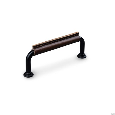 Tirador para mueble rectangular Burano Stitched 96, metal, negro con cuero marrón