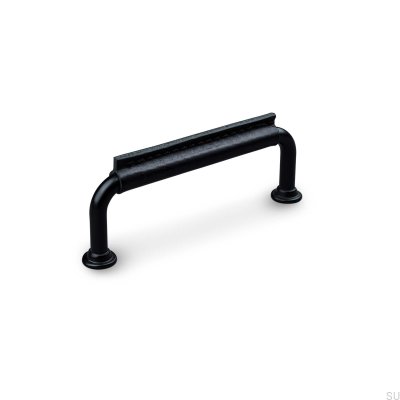 Tirador para mueble rectangular Burano Stitched 96, metal negro con cuero negro