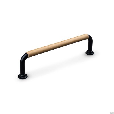 Tirador para mueble rectangular Burano Swept 128 Metal Negro con Cuero Marrón Claro