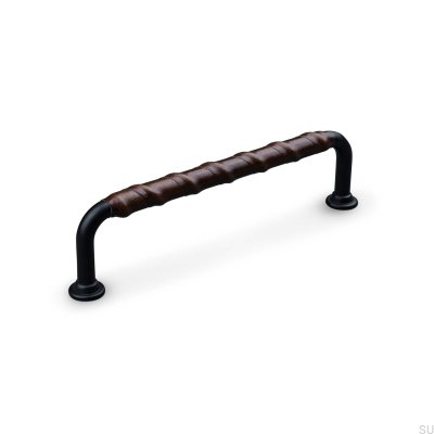 Tirador para mueble alargado Burano Wrapped 128, metal, negro con cuero marrón