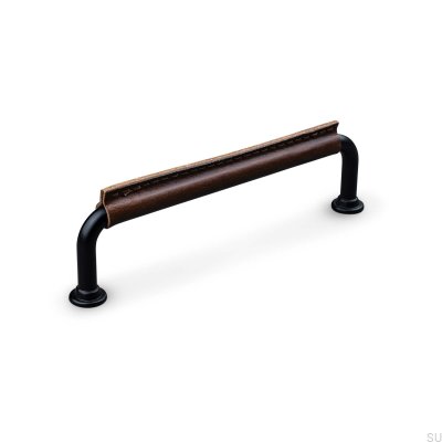  Tirador para mueble rectangular Burano Stitched 128, metal negro con cuero marrón