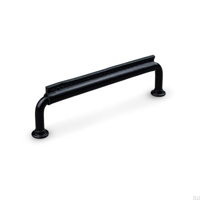  Tirador para mueble rectangular Burano Stitched 128, metal negro con cuero negro