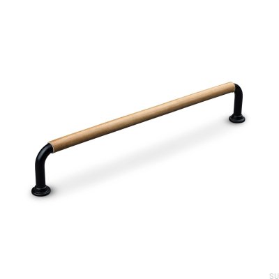 Tirador para mueble rectangular Burano Swept 192 Metal Negro con Cuero Marrón Claro