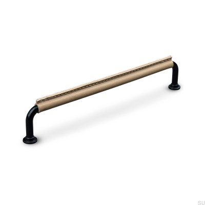 Tirador para mueble rectangular Burano Stitched 192 Metal Negro con Cuero Marrón Claro