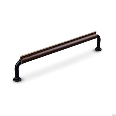 Tirador para mueble rectangular Burano Stitched 192, metal negro con cuero marrón